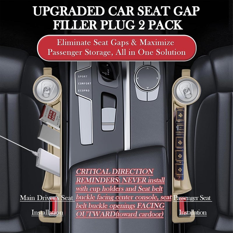 DDTPDE Car Seat Gap Filler Set of 2, Upgraded Car Side Seat Gap Fillers with Organizer, Cup Holder & Hook Function, Inserts Between Front Seats Console Catcher 4in1 Gap Stopper Fill Plug Storage Box (Beige) - Image 2